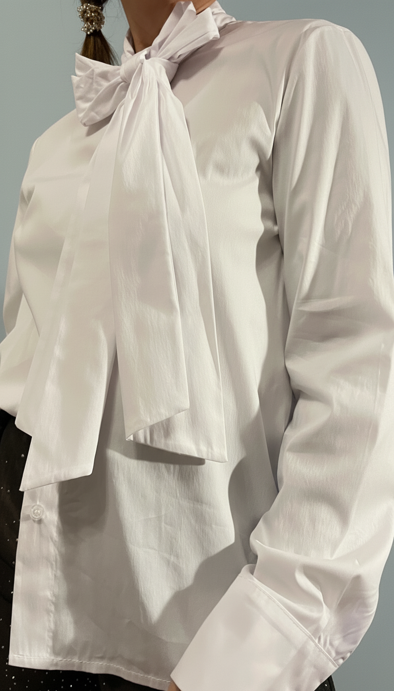 Camisa blanca con cuello lazo,cuello Pussy Bow