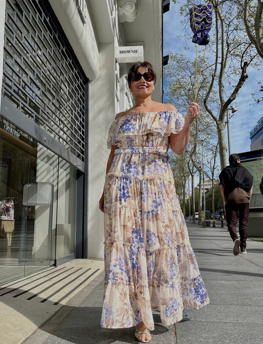 Vestido largo floral hombros descubiertos