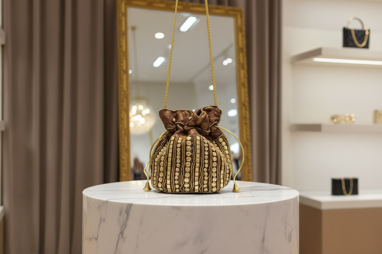 Bolso Bombonera marrón / azul oro.Seda con Jacquard.