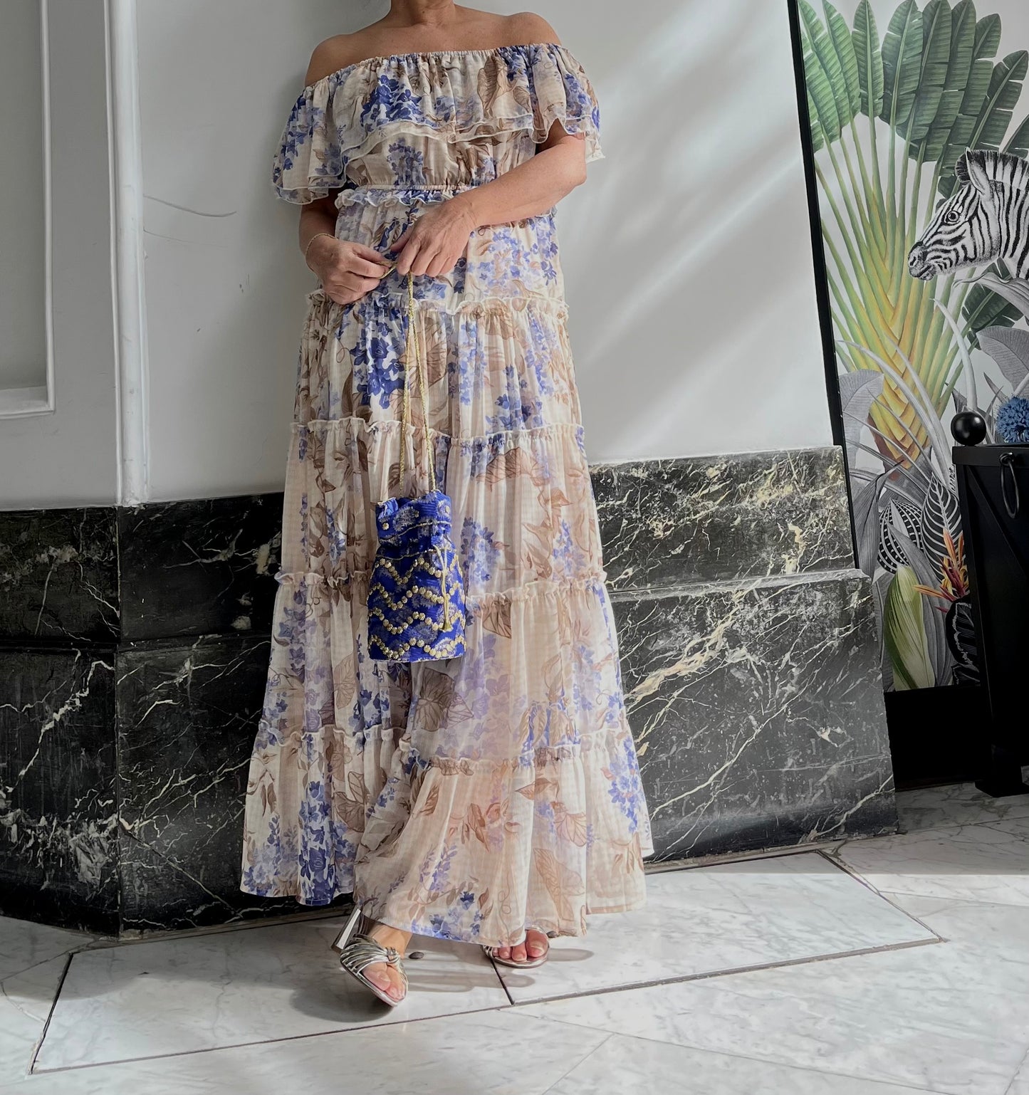 Vestido Maxi Boho Chic Floral - Hombros Descubiertos y Volantes Ideal Invitada