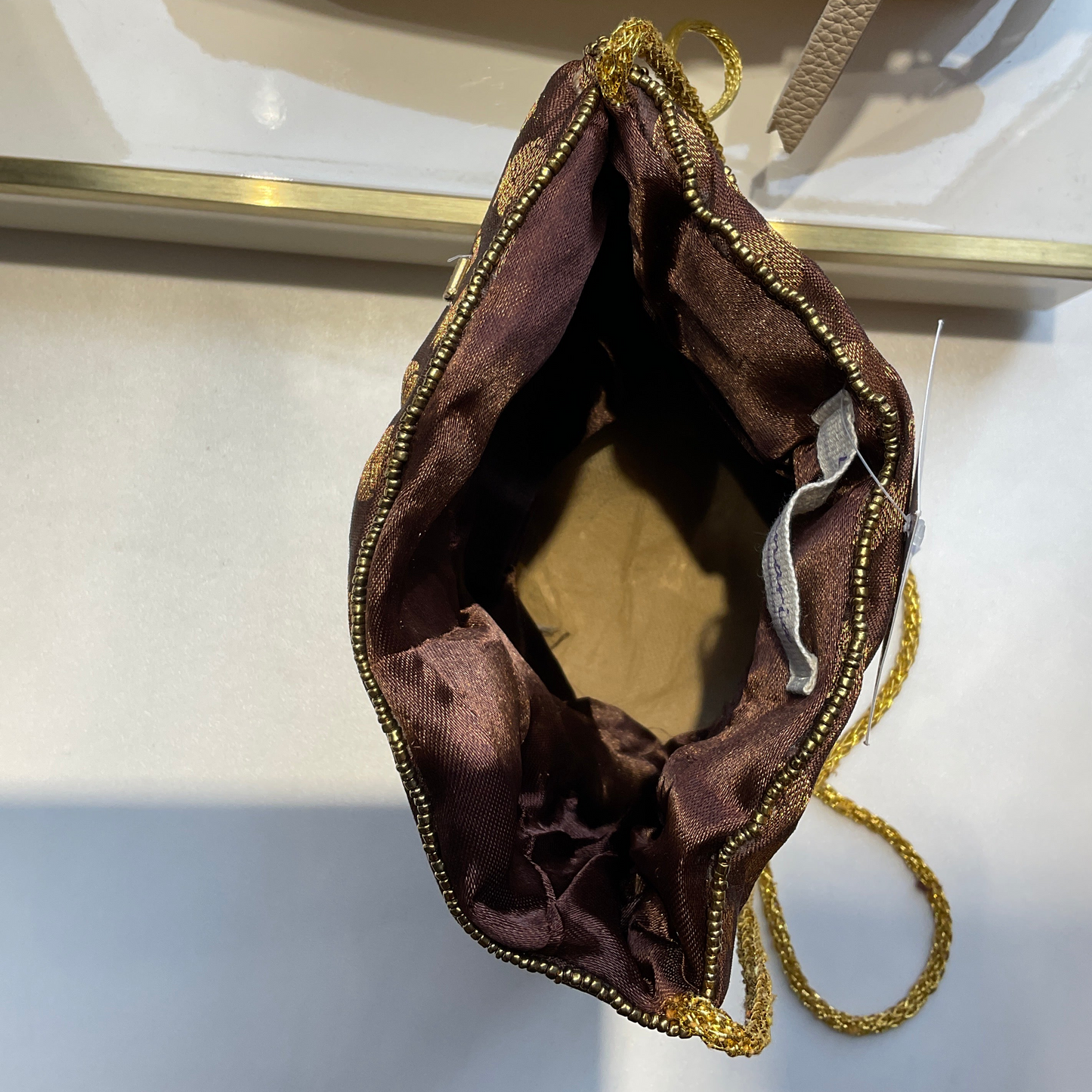 Bolso Bombonera marrón / azul oro.Seda con Jacquard.