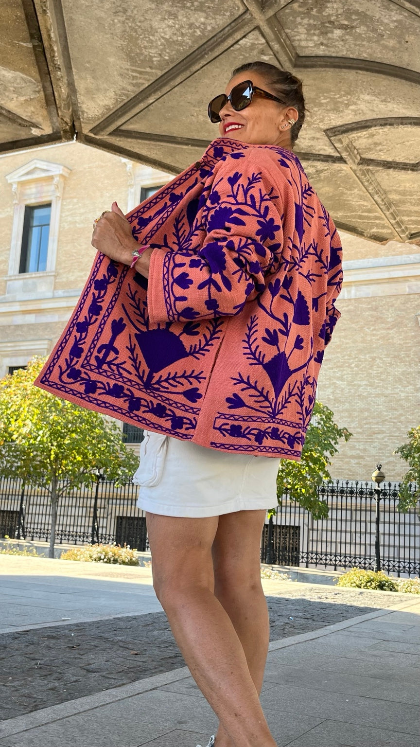 Chaqueta de algodón salmón tostado y morado - vista lateral