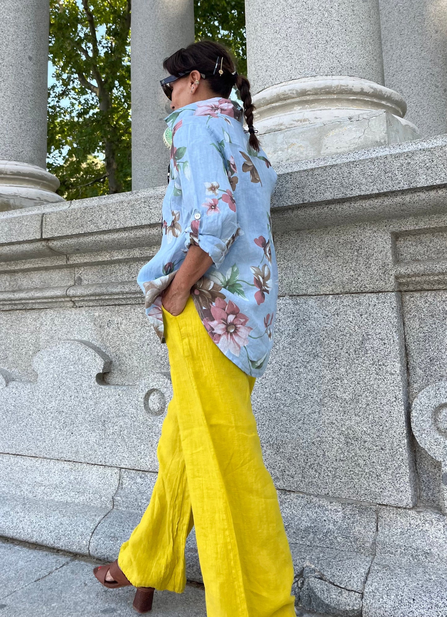 Lino-Camisa Floral Azul Cielo