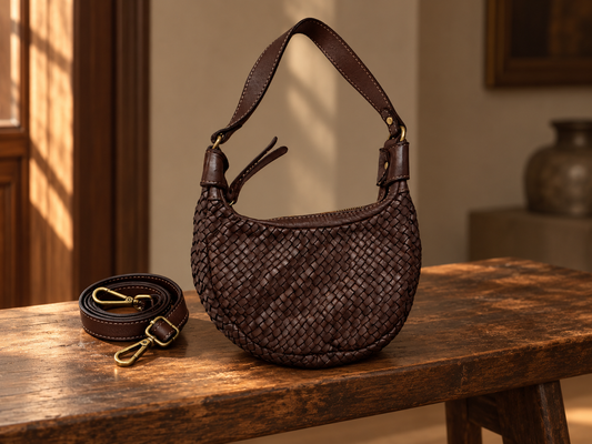 Bolso bandolera marrón de piel trenzada sobre banco de madera vintage
