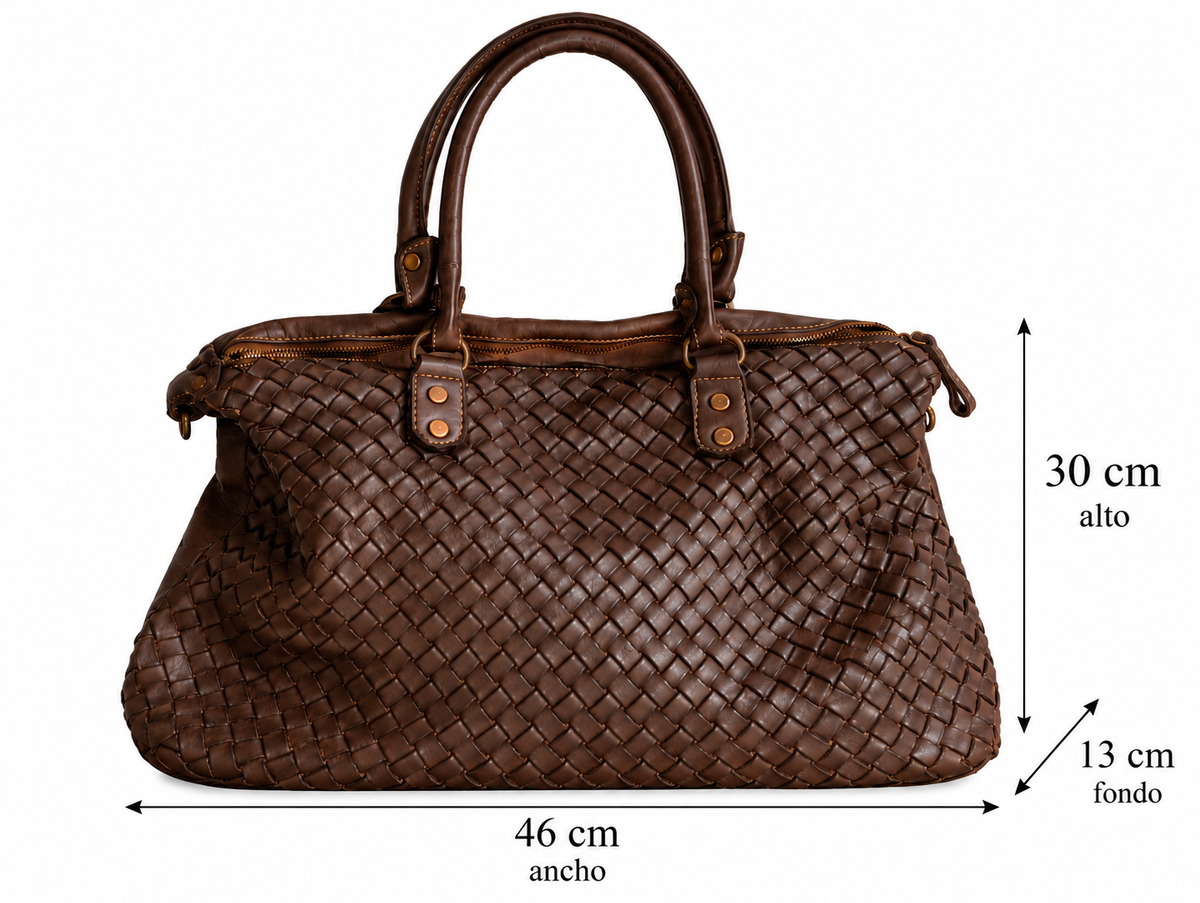 Bolso trenzado marrón chocolate medidas 46 cm ancho, 30 cm alto y 13 cm fondo