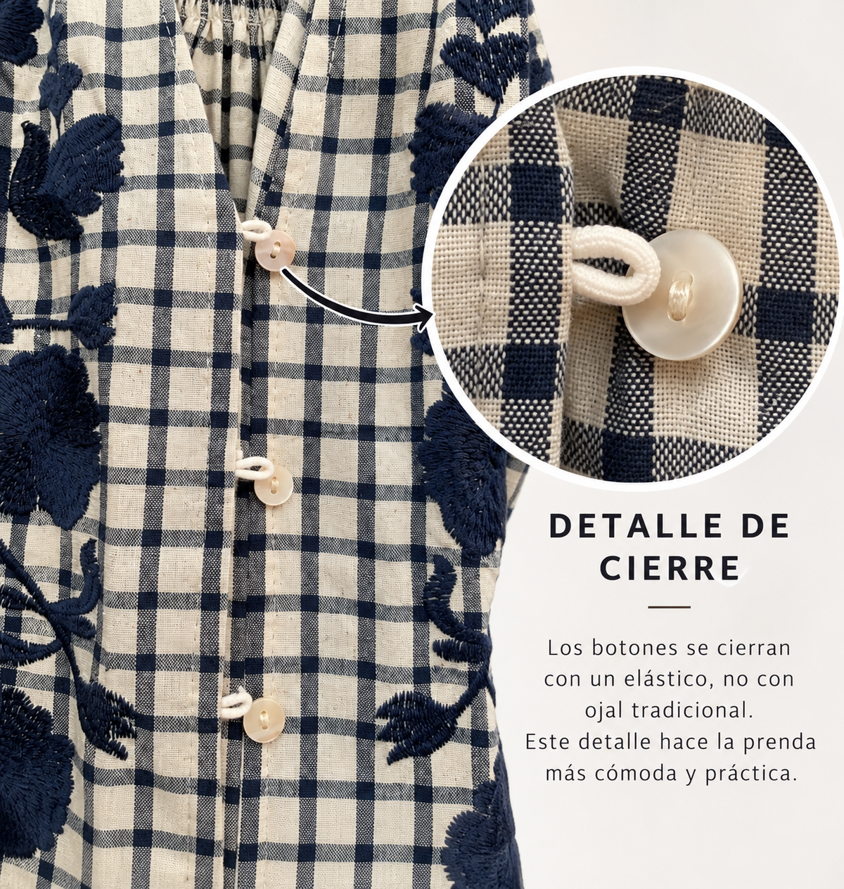 Detalle del cierre con botón y presilla elástica de la camisa de cuadros azul marino