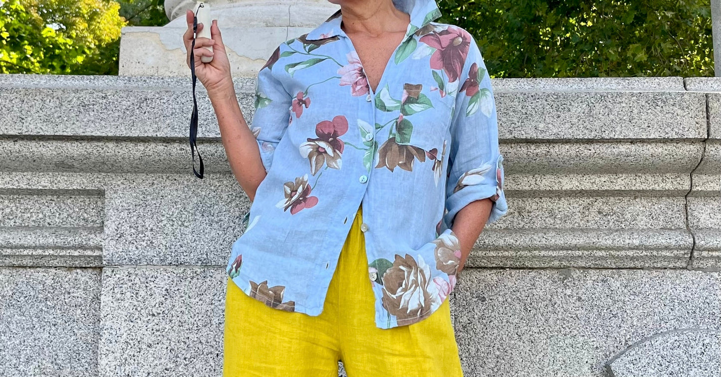 Lino-Camisa Floral Azul Cielo