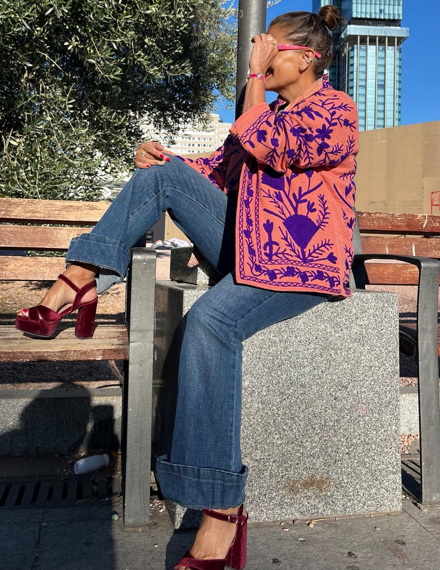 Chaqueta bordada de algodón rosa coral claro