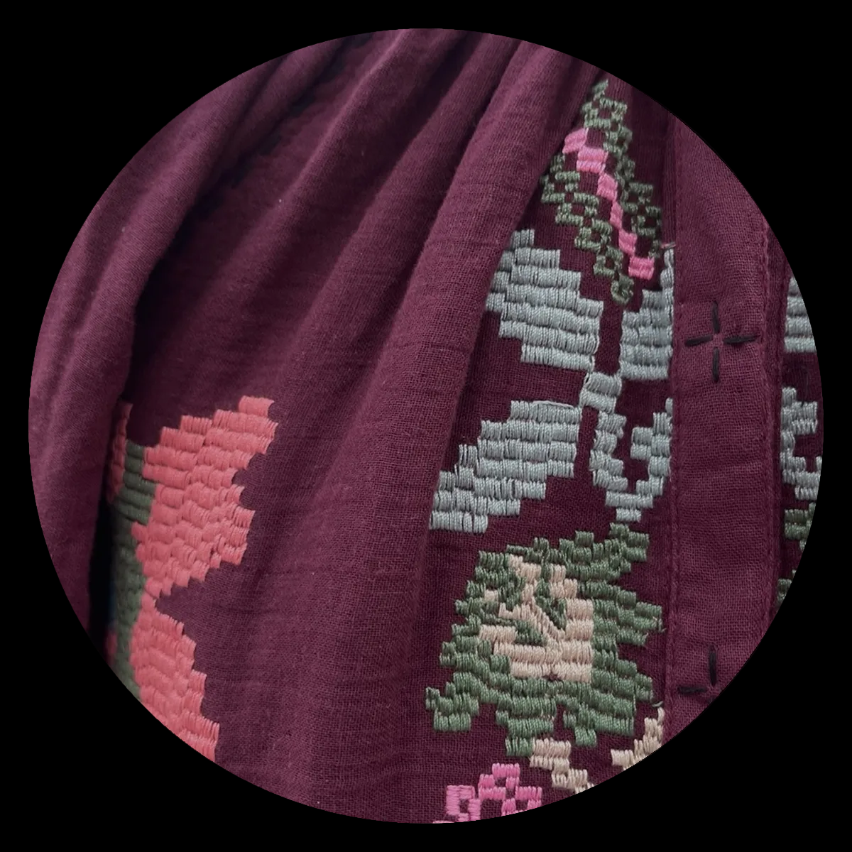 Detalle de cuello bordado de chaqueta burdeos