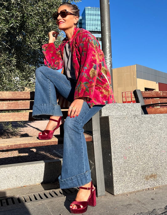Chaqueta de terciopelo floral - look sentado