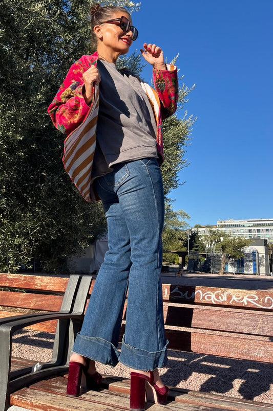 Chaqueta de terciopelo fucsia - look de frente
