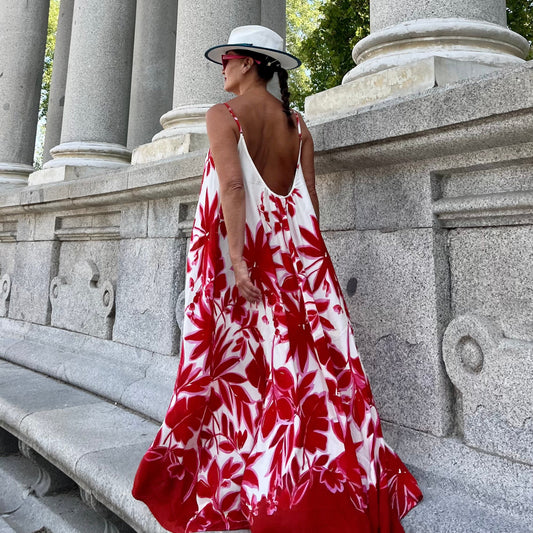 Vestido largo floral rojo con bolsillos